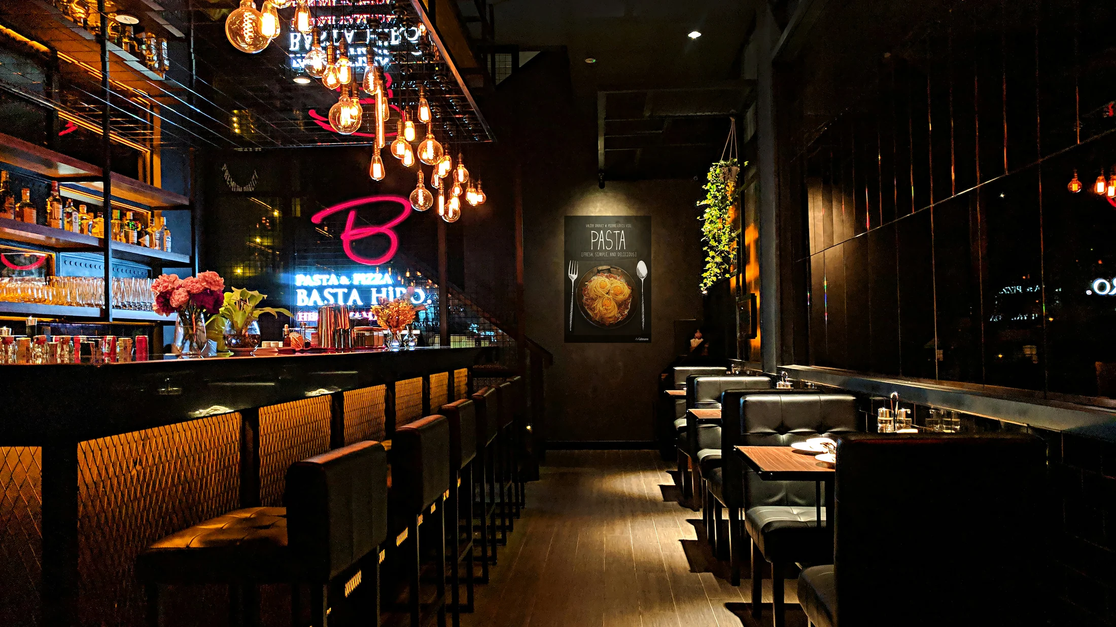A warmly lit wine bar interior